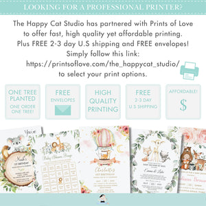 Hot Air Balloon Cute Animals Floral Enclosure Extra Info Details Card Editable Template - Digital Printable File - Instant Download - HB7
