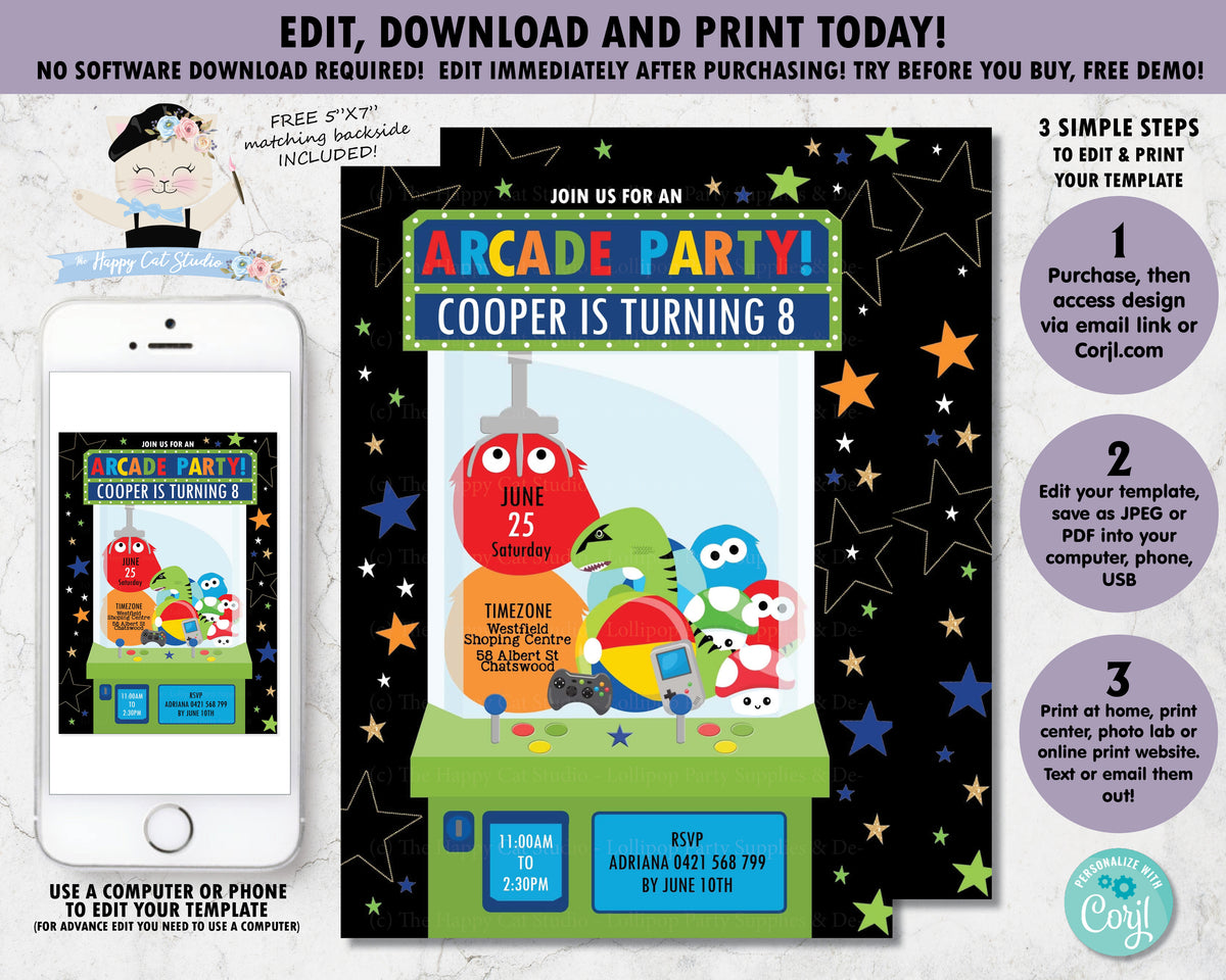 Arcade Claw Game Machine Birthday Party Invitation - Instant EDITABLE ...