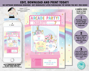 Arcade Unicorn Birthday Party Pink Invitation - Instant EDITABLE TEMPLATE - AC1