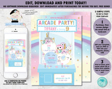 Load image into Gallery viewer, Arcade Unicorn Birthday Party Invitation - Instant EDITABLE TEMPLATE - AC1