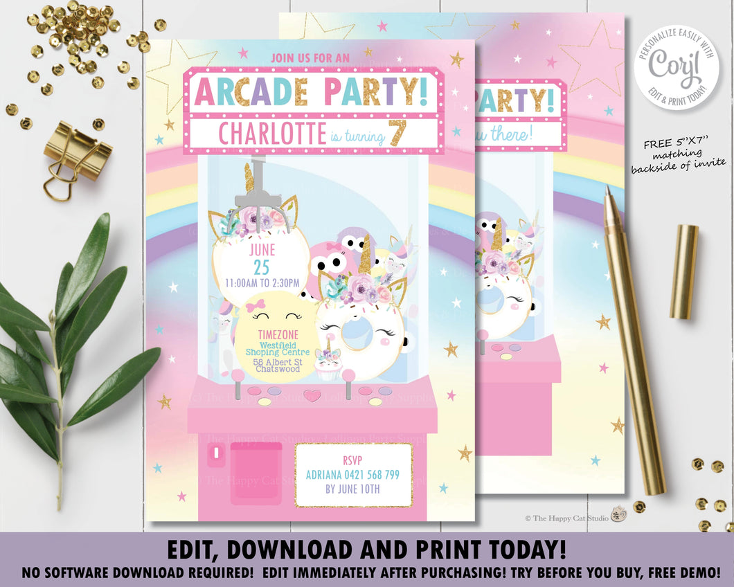 Arcade Unicorn Birthday Party Pink Invitation - Instant EDITABLE TEMPLATE - AC1
