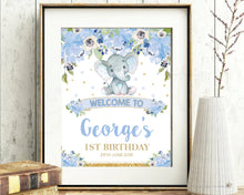 Load image into Gallery viewer, Blue-Floral-Elephant-Baby-Boy-Shower-Garden-Party-Welcome-Sign-Poster-Decor-Instant-Editable-Template