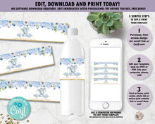 Load image into Gallery viewer, Blue Floral Elephant Water Bottle Labels - Instant EDITABLE TEMPLATE - EP6