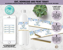 Load image into Gallery viewer, Blue Floral Elephant Water Bottle Labels - Instant EDITABLE TEMPLATE - EP6