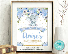 Load image into Gallery viewer, Blue-Floral-Elephant-Baby-Boy-Shower-Birthday-Party-Christening-Welcome-Sign-Poster-Decor-Instant-Editable-Template