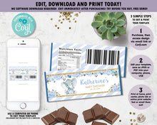 Load image into Gallery viewer, Blue-Floral-Elephant-Baby-Boy-Shower-Personalized-Chocolate-Bar-Wrappers-Editable-Template