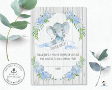 Load image into Gallery viewer, Rustic Blue Floral Elephant Baby Shower Diaper Raffle Card - Instant Download - EP4