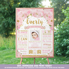 Load image into Gallery viewer, Blush Pink Floral 1st Birthday Photo Milestone Sign Birth Stats - EDITABLE TEMPLATE Instant Download Digital Printable File- BL1