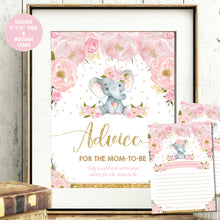 Load image into Gallery viewer, Blush Floral Elephant Advice for Mom / Parents to Be Signs and Note Cards Digital Printable File - Instant Download - EP5