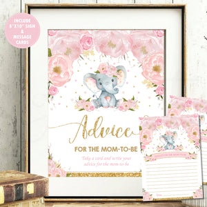 Blush Floral Elephant Advice for Mom / Parents to Be Signs and Note Cards Digital Printable File - Instant Download - EP5