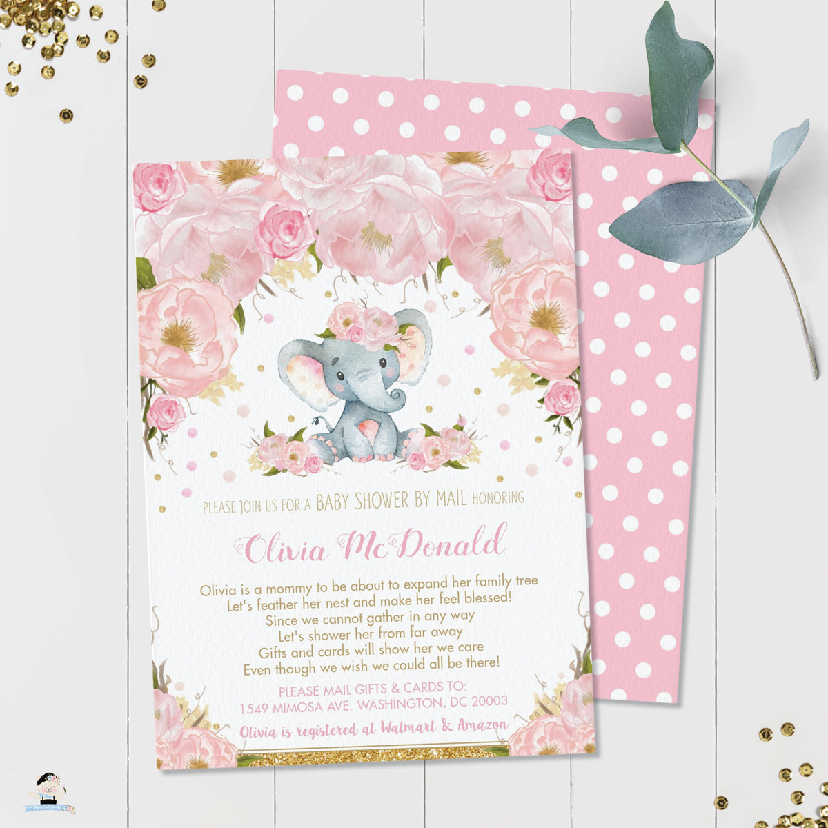 Blush Pink Floral Elephant Virtual Baby Shower by Mail Invitation Edit ...