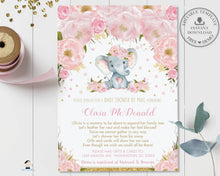 Load image into Gallery viewer, Blush Pink Floral Elephant Virtual Baby Shower by Mail Invitation Editable Template - Instant Download - Digital Printable File - EP5