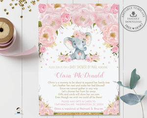 Blush Pink Floral Elephant Virtual Baby Shower by Mail Invitation Editable Template - Instant Download - Digital Printable File - EP5