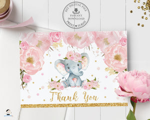Blush Floral Elephant Tent Folded Thank You Card - Instant Download - Digital Printable File - EP5