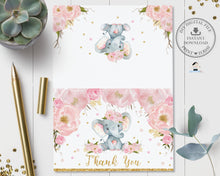 Load image into Gallery viewer, Blush Floral Elephant Tent Folded Thank You Card - Instant Download - Digital Printable File - EP5