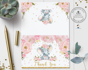 Blush Floral Elephant Tent Folded Thank You Card - Instant Download - Digital Printable File - EP5