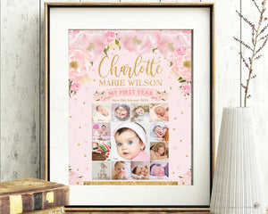 Blush Floral Baby First Year Photo Collage 1st Birthday Milestone 20"x30" Editable Template - Digital Printable File - Instant Dowload - BL1
