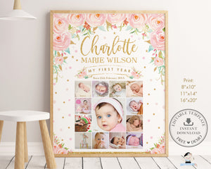 Pink Floral Gold Baby First Year Photo Collage Milestone Sign - Editable Template - Digital Printable File - Instant Download - TC1