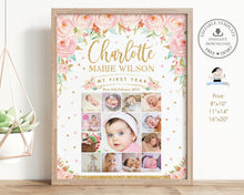 Load image into Gallery viewer, Pink Floral Gold Baby First Year Photo Collage Milestone Sign - Editable Template - Digital Printable File - Instant Download - TC1