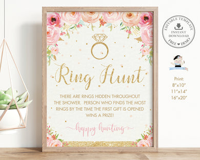 Chic Blush Pink Peach Floral Gold Glitter Ring Hunt Bridal Shower Game Sign - Instant Download Digital Printable File - TC1
