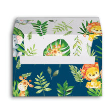 Load image into Gallery viewer, 10x Cute Jungle Animals Safari 1st First Birthday Baby Shower Personalized A7 Navy Blue Envelopes