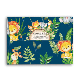 10x Cute Jungle Animals Safari 1st First Birthday Baby Shower Personalized A7 Navy Blue Envelopes