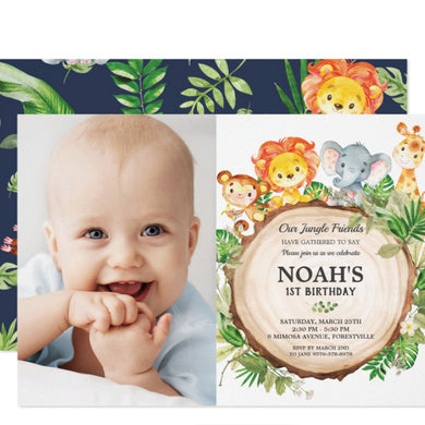 Cute Jungle Animals Safari 1st First Birthday Party Personalized Photo Card Stock Invitation