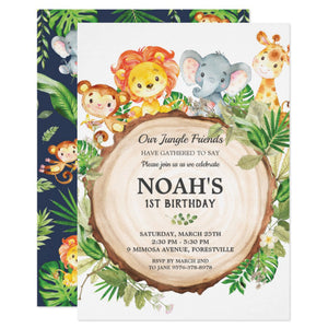 Cute Jungle Animals Safari 1st First Birthday Party Personalized Invitation