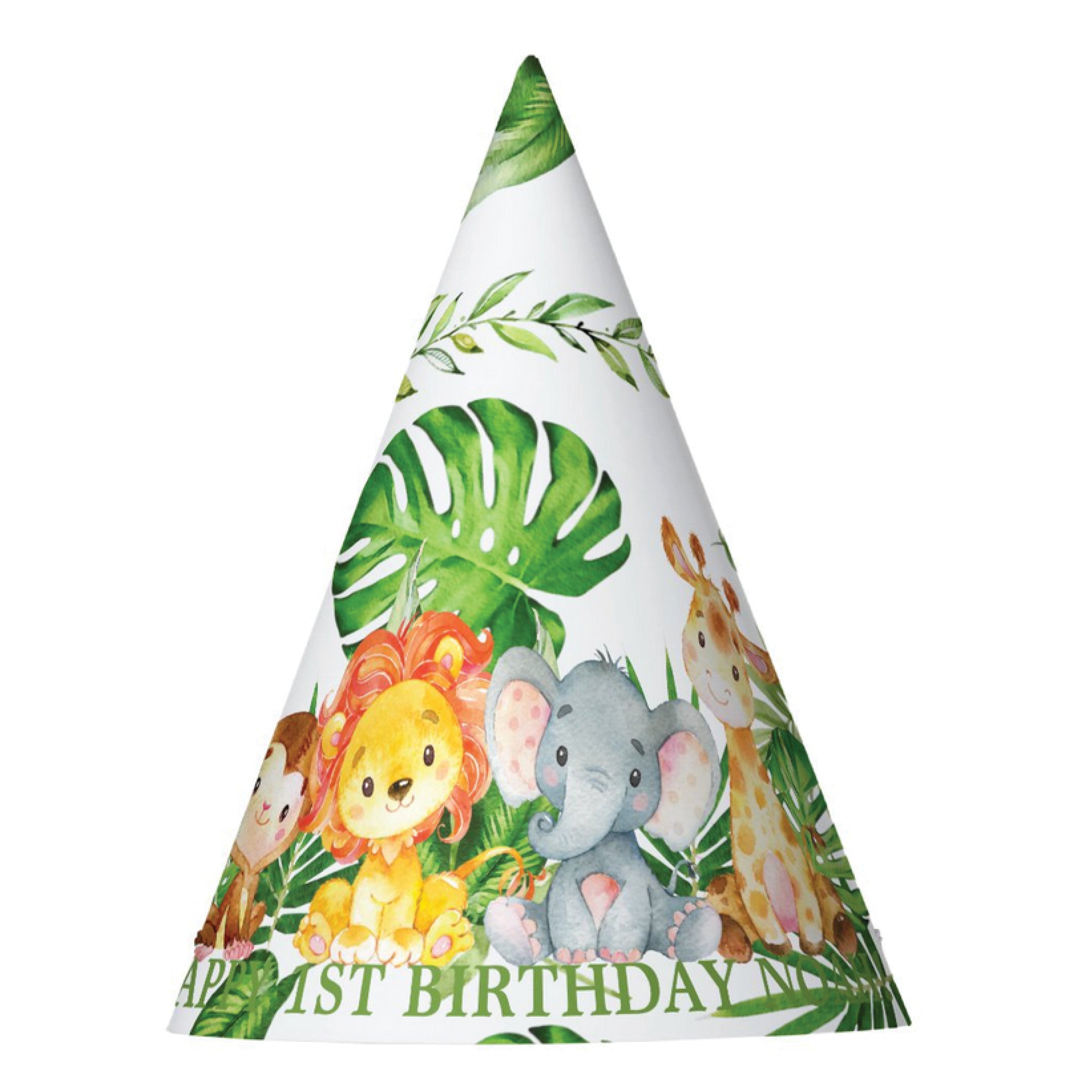 12x Cute Jungle Animals Safari 1st First Birthday Party Personalized Cone Hats