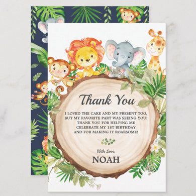 Cute Jungle Animals Safari 1st First Birthday Party Personalized Thank You Note Card