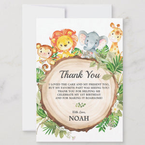 Cute Jungle Animals Safari 1st First Birthday Party Personalized Thank You Note Card