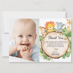 Cute Jungle Animals Safari 1st First Birthday Party Personalized Photo Thank You Note Card