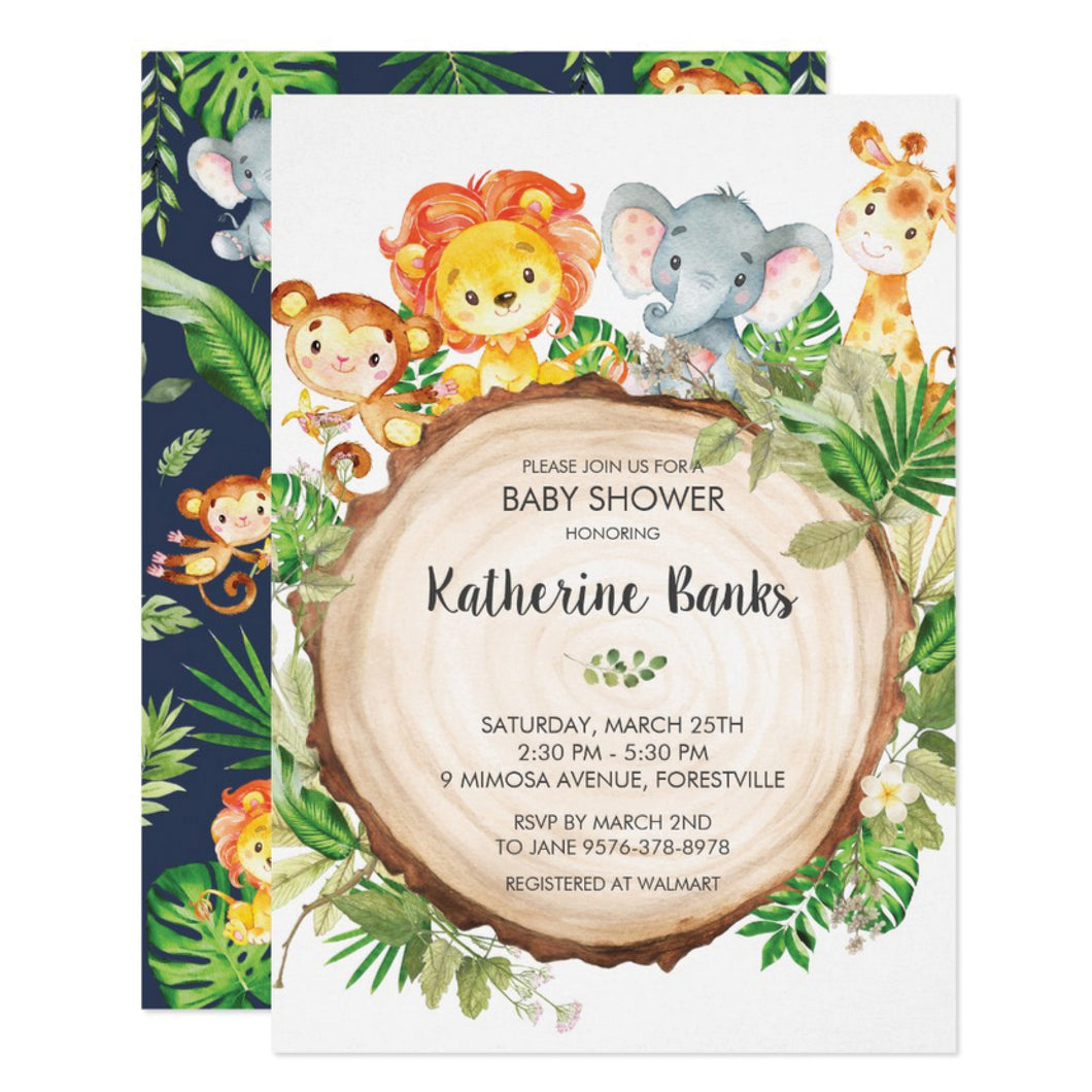Cute Jungle Animals Safari Baby Shower Personalized Card Stock Invitation