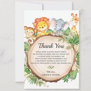 Cute Jungle Animals Safari Baby Shower Personalized Thank You Note Card