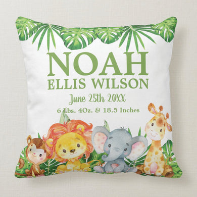 Cute Jungle Animals Safari Personalized Baby Birth Stats Cushion Thow Pillow