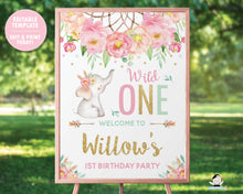 Load image into Gallery viewer, Elephant Wild One Boho Pink Floral Dream Catcher 1st Birthday Welcome Sign Editable Template - Digital Printable File - Instant Download - BF2
