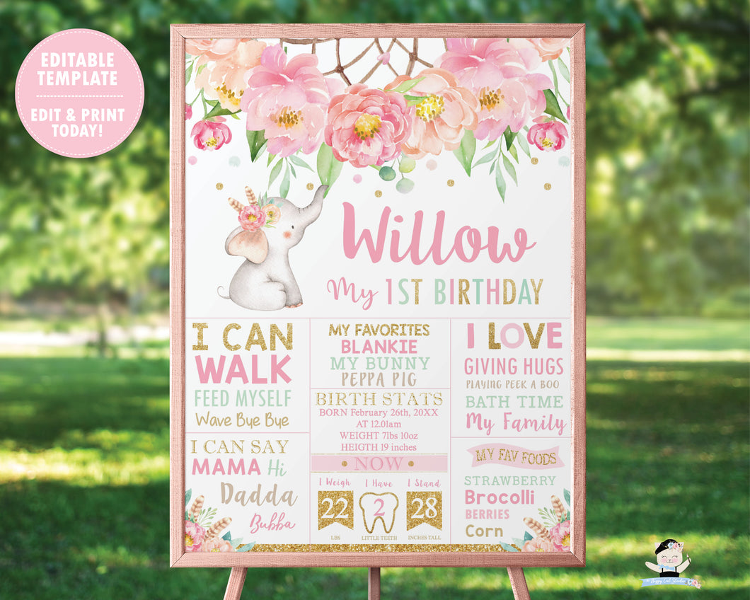 Elephant Boho Pink Floral Dream Catcher 1st Birthday Milestone Sign / Birth Stats - Sign Editable Template - Digital Printable File - Instant Download - BF2