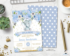 Blue Floral Elephant Baby Boy Shower Invitation - Instant EDITABLE TEMPLATE - EP6