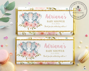 Pink Floral Elephant Twins Girls Baby Shower Birthday Chocolate Bar Wrapper Aldi Hershey's - Editable Template - Instant Download - Digital Printable File - PK2