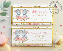 Load image into Gallery viewer, Pink Floral Elephant Twins Girls Baby Shower Birthday Chocolate Bar Wrapper Aldi Hershey&#39;s - Editable Template - Instant Download - Digital Printable File - PK2