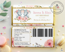 Load image into Gallery viewer, Pink Floral Elephant Twins Girls Baby Shower Birthday Chocolate Bar Wrapper Aldi Hershey&#39;s - Editable Template - Instant Download - Digital Printable File - PK2
