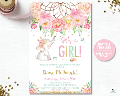 Elephant Baby Girl Shower Boho Pink Floral Dream Catcher Invitation Editable Template - Digital Printable File - Instant Download - BF2