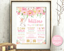 Load image into Gallery viewer, Elephant Boho Pink Floral Dream Catcher 1st Birthday Milestone Sign / Birth Stats - Sign Editable Template - Digital Printable File - Instant Download - BF2