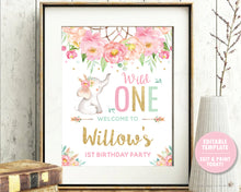 Load image into Gallery viewer, Elephant Wild One Boho Pink Floral Dream Catcher 1st Birthday Welcome Sign Editable Template - Digital Printable File - Instant Download - BF2