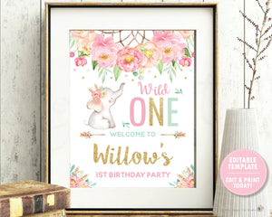 Elephant Wild One Boho Pink Floral Dream Catcher 1st Birthday Welcome Sign Editable Template - Digital Printable File - Instant Download - BF2