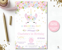 Load image into Gallery viewer, Cute Unicorn Pastel Floral 1st Birthday Party Invitation Editable Template Digital Printable File - Instant Download - UB7