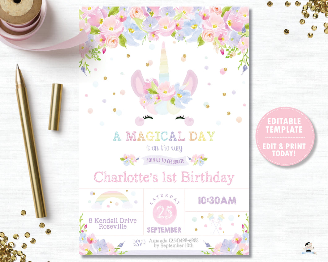 Cute Unicorn Pastel Floral 1st Birthday Party Invitation Editable Template Digital Printable File - Instant Download - UB7