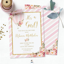 Load image into Gallery viewer, Pink and Gold Floral Hot Air Balloon Baby Shower Invitation Editable Template - Instant Download - Digital Printable File - HB1