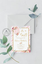 Load image into Gallery viewer, Pink and Gold Floral Hot Air Balloon Baby Shower Invitation Editable Template - Instant Download - Digital Printable File - HB1