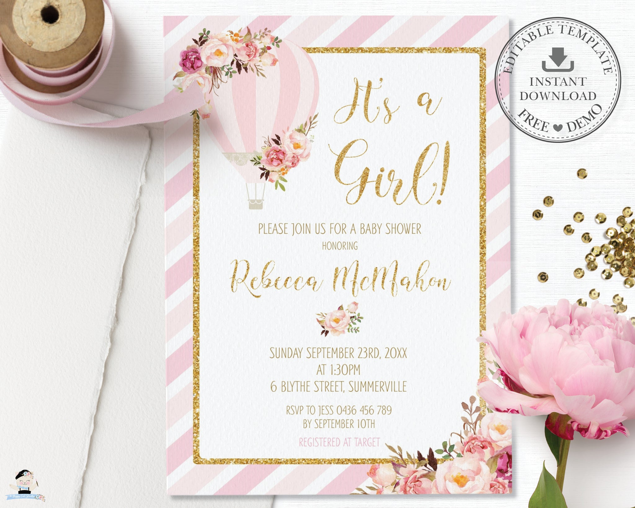 Kitty Quinceanera Digital Invitation Blush Pink and Gold 